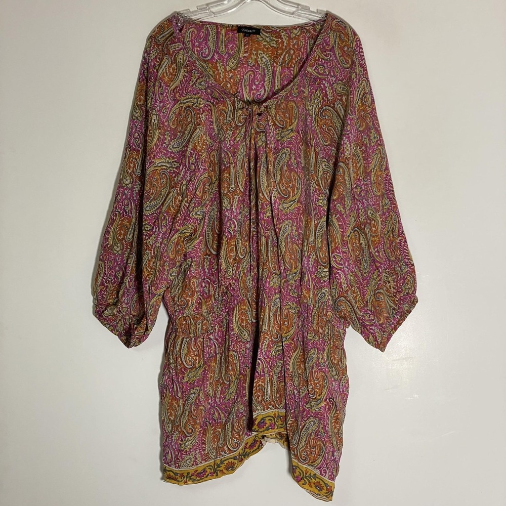 Tolani Dress Womens 3X Pink Paisley 100% Silk Smocked Tunic Boho Hippie Festival